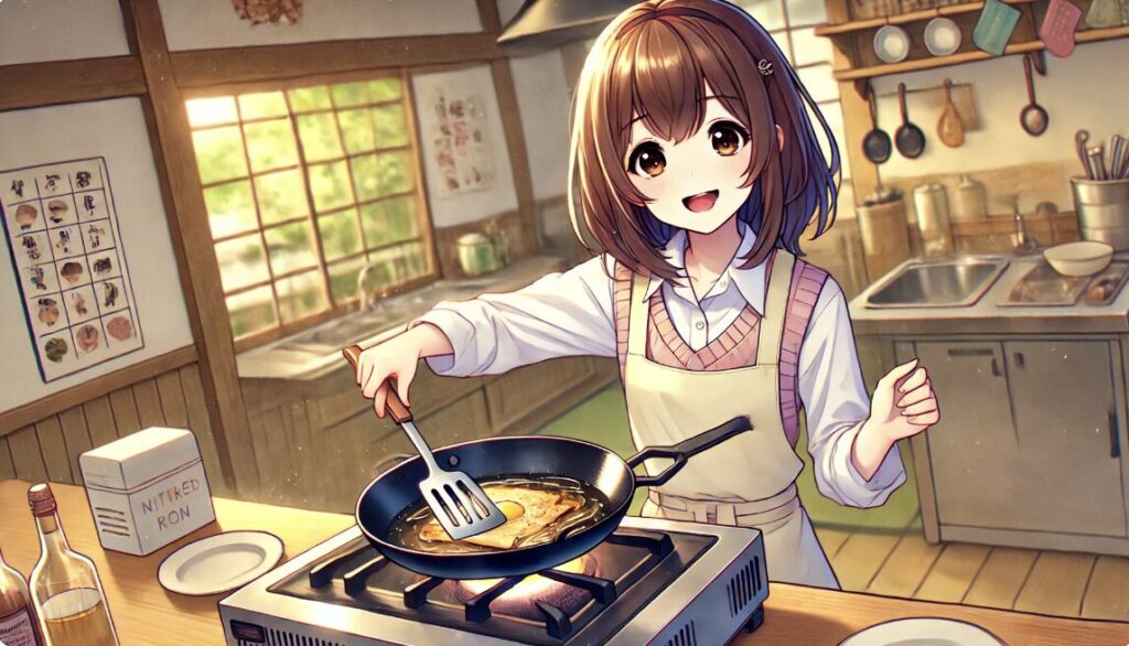 鉄のフライパンをつかって料理している女の子