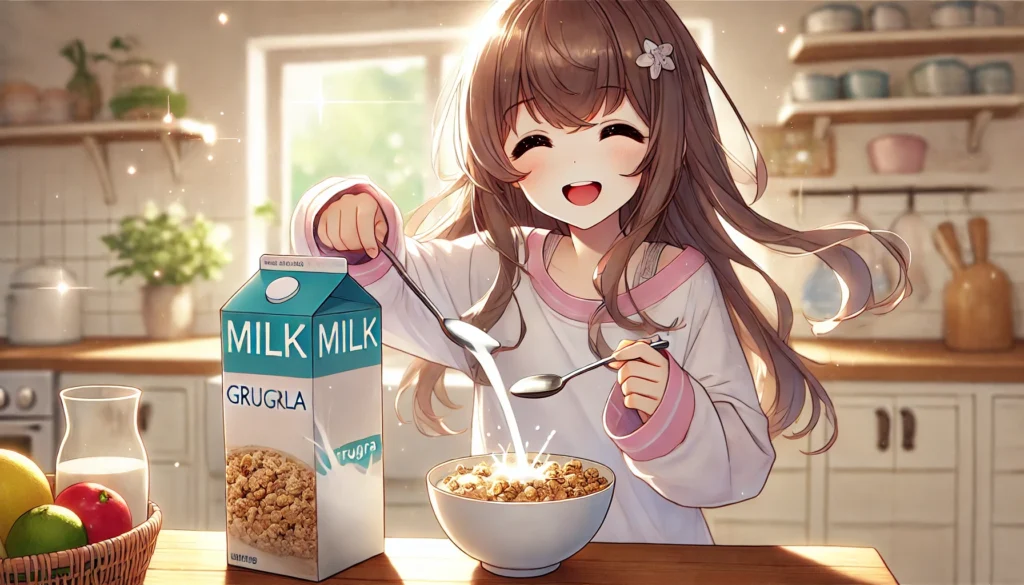 フルグラに牛乳を注いでいる女の子